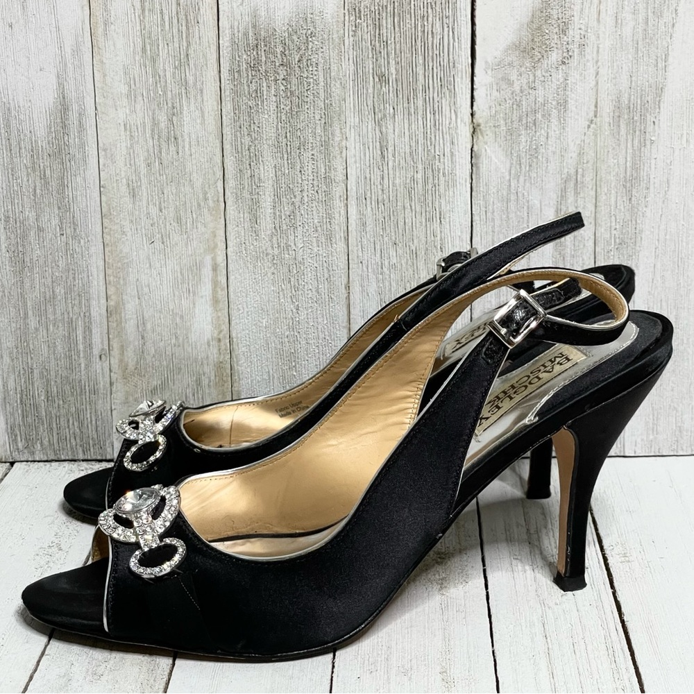 BADGLEY MISCHKA Satin & Crystal Open Toe Sling Back Pumps